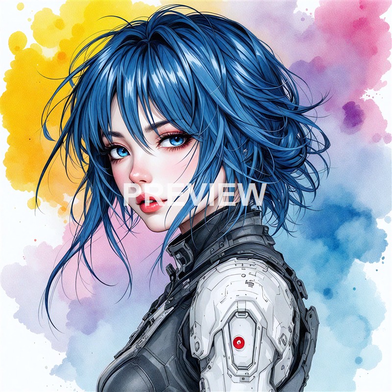 A highly detailed digital illustration of a young woman with vibrant blue, messy hair, striking blue eyes, wearing a futuristic black and white armor suit, set against a colorful watercolor background.